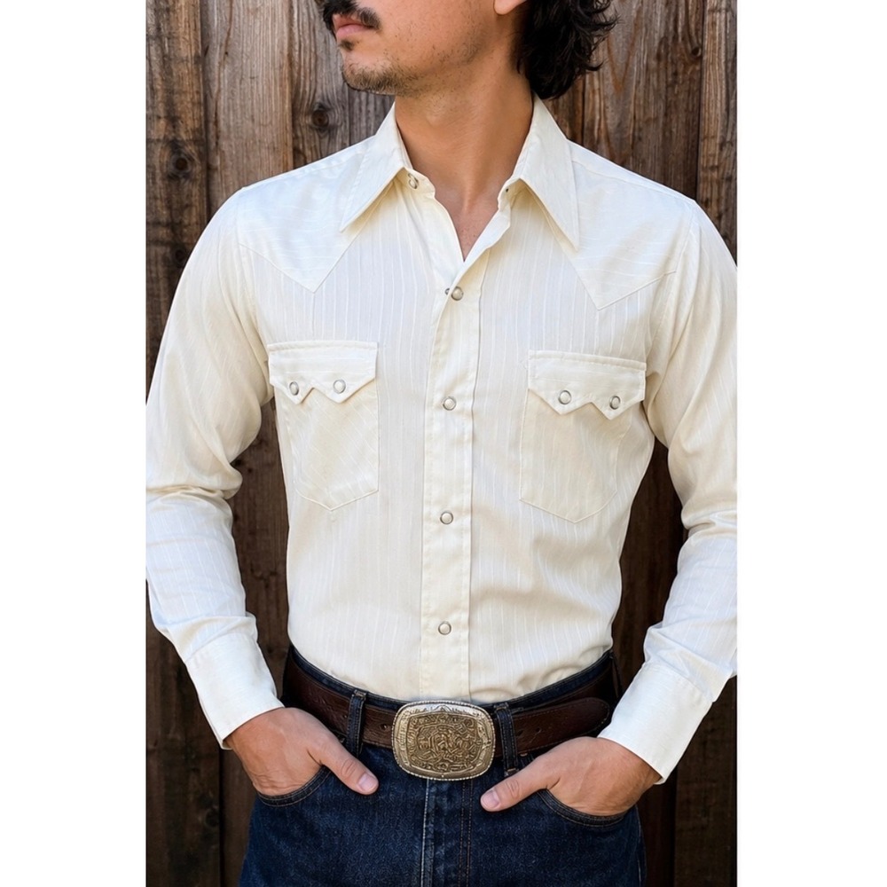 Vintage 70s Dee Cee Pearl Snap Western Shirt USA Ivory Rockabilly Cowboy 15.5